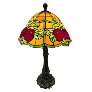 Vintage Tiffany Style Stained Bronze Base Fruit Motif Glass Apple Table Lamp 17"